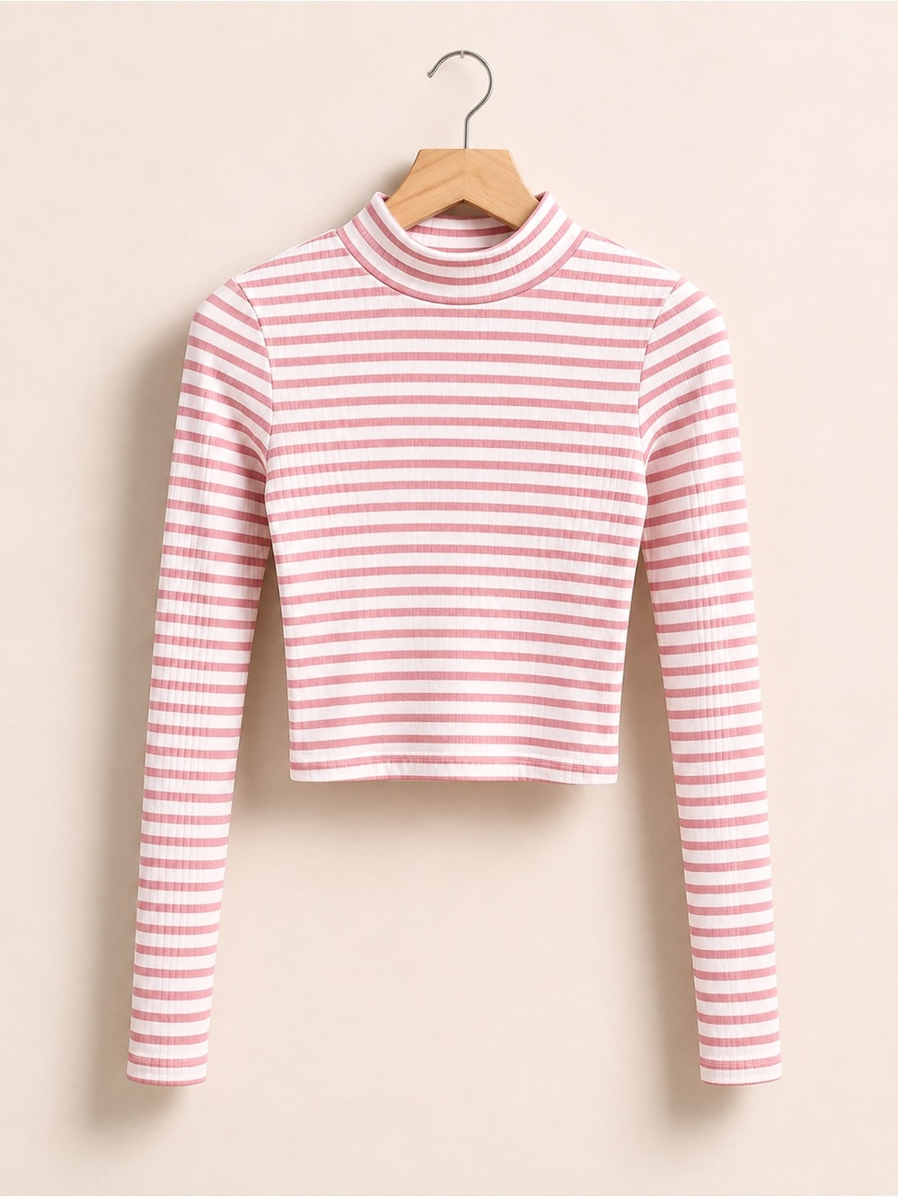 Striped Mock Neck Long Sleeve Crop Top - Pink & White (375)